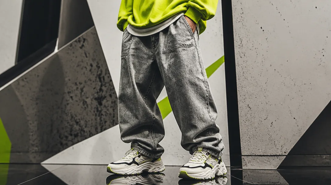 Baggy jeans herr med chunky sneakers på stadsgata – streetwear editorial