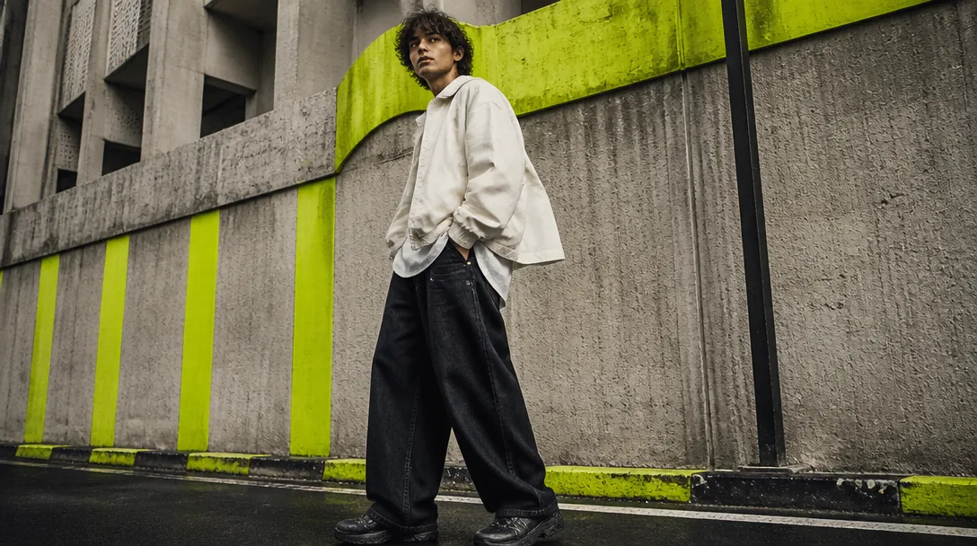 Ung man i baggy jeans herr streetwear editorial mot urban bakgrund