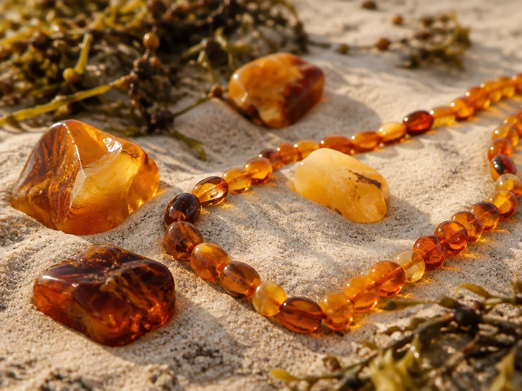 Polerade bärnstenar och ett halsband av bärnstenspärlor på ljus sandstrand med tång