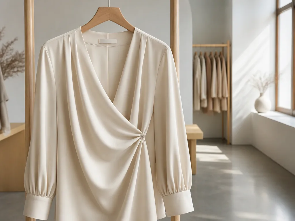 Elegant damblus hängd på en minimalistisk träklädstång i en skandinavisk boutique med mjukt naturligt dagsljus