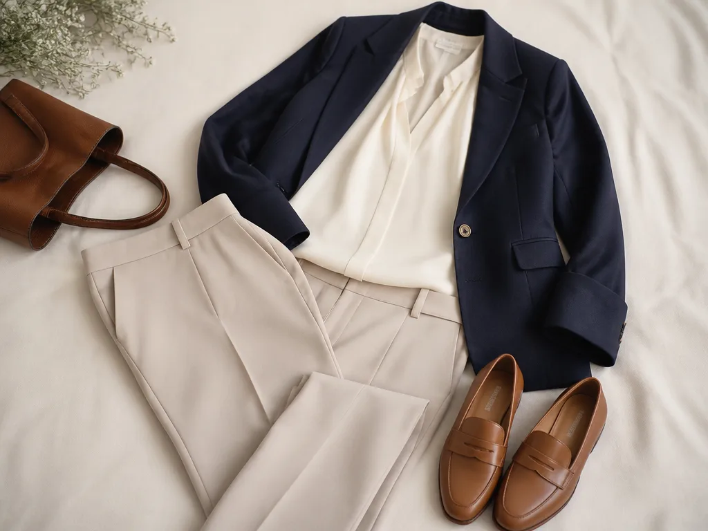 Flatlay av en business casual-outfit för dam: kavaj, blus, byxor och loafers i beige och marinblått