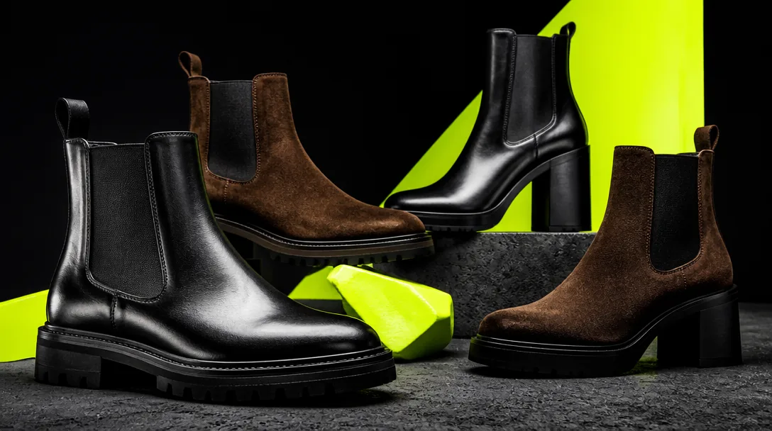 Chelsea boots modeller – svart läder, mocka och blockklack i editorial uppställning