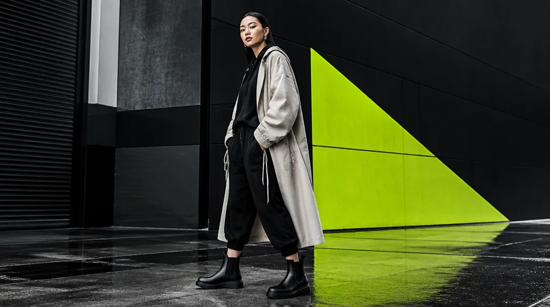 Kvinna i svarta chelsea boots på stadsgata, bold streetwear editorial med acid-lime accenter