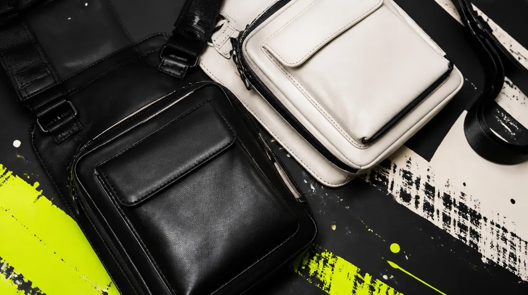 Läderväskor i svart och off-white på grafisk yta – crossbody-väska dam i skinn
