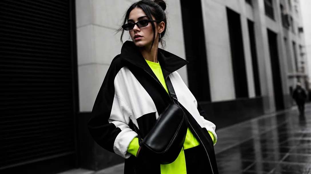 Kvinna med snygg svart crossbody-väska i dam-streetwear editorial