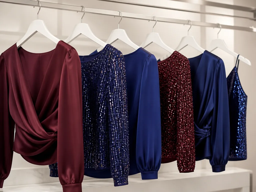 Eleganta festtoppar i satin och paljetter på minimalistiska galgar i en boutique, i koboltblå och bordeauxröda toner