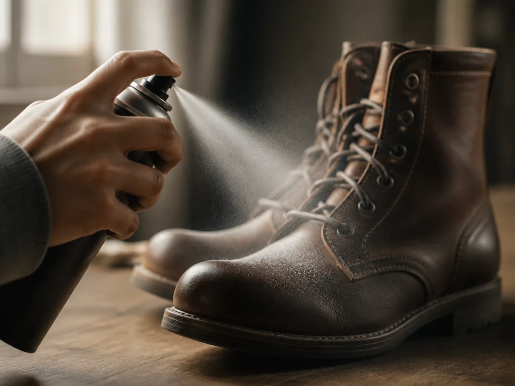 Impregneringsspray sprayas i ett jämnt lager över ett par bruna läderskor