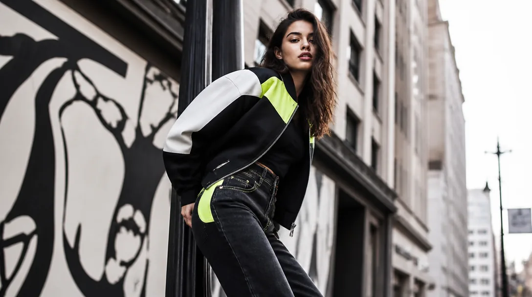 Kvinna i stiliga mörka jeans dam på stadsgata, streetwear editorial