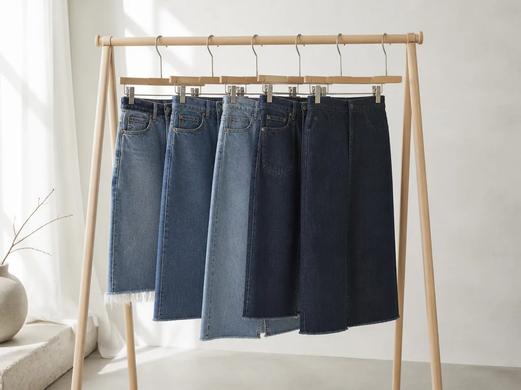 Jeanskjolar i olika längder hänger på en minimalistisk träklädstång i ett ljust skandinaviskt studio
