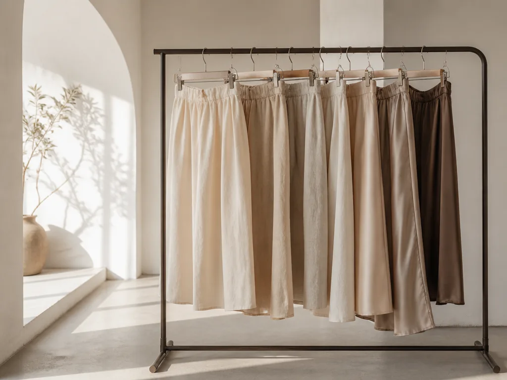 Damkjolar i olika längder och material hänger på en minimalistisk klädstång i studio