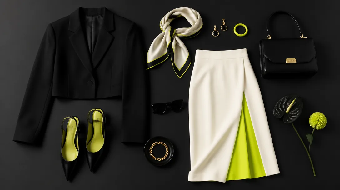 Kavaj-outfit komponenter för dam – blazer, kjol, skor och accessoarer i editorial flatlay