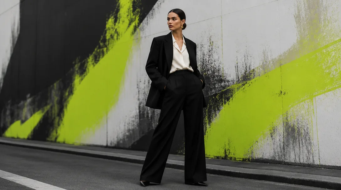 Stilfull kvinna i blazer och kostymbyxor på stadsgata, bold streetwear editorial med acid-lime accenter