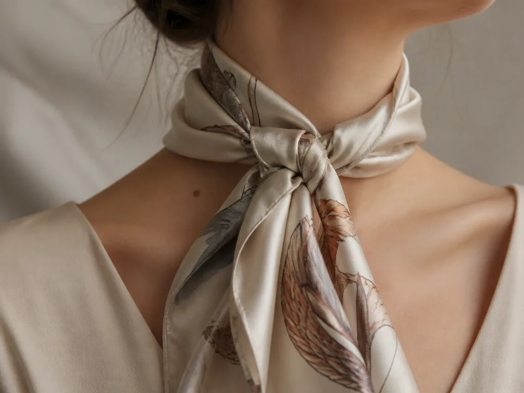 Närbild på en silkesscarf snyggt knuten runt halsen