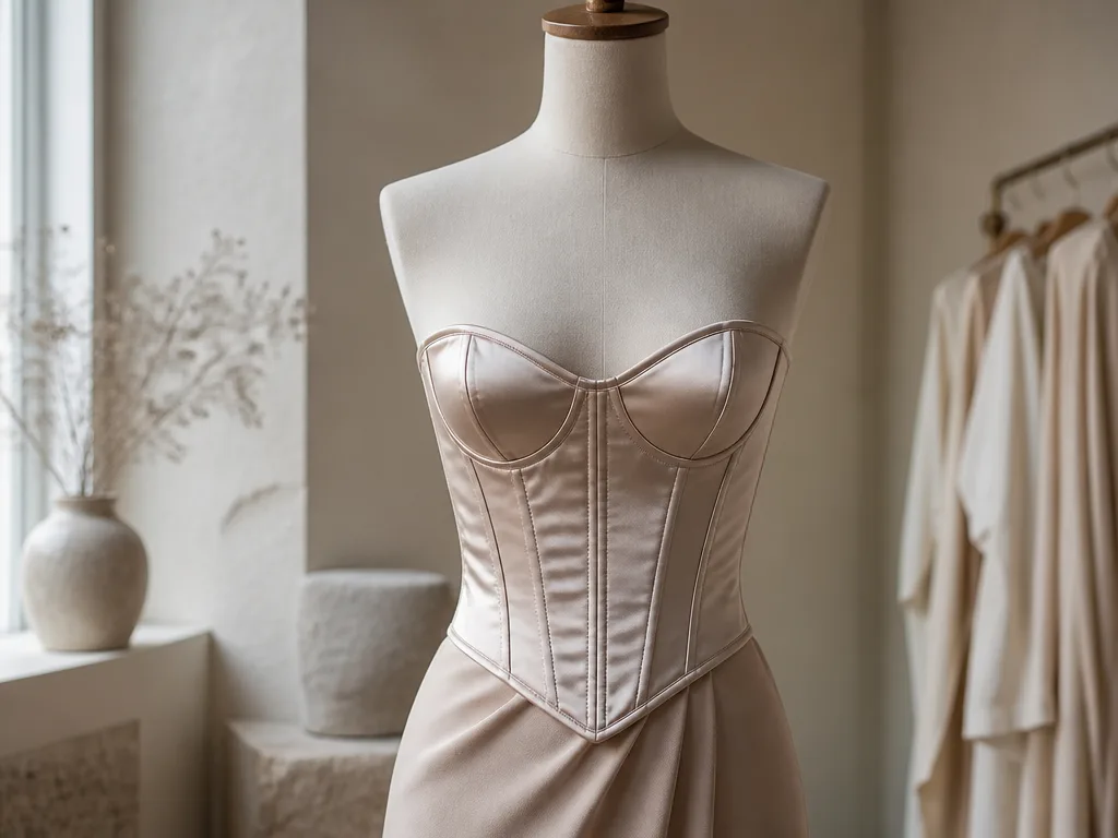 Elegant satinkorsetttopp på en minimalistisk mannekäng i en skandinavisk boutique med mjukt naturligt dagsljus