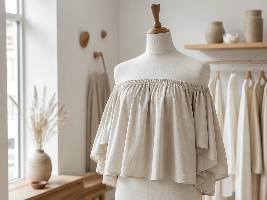 Elegant off shoulder-topp draperad på en minimalistisk mannekäng i en skandinavisk boutique med mjukt naturligt dagsljus
