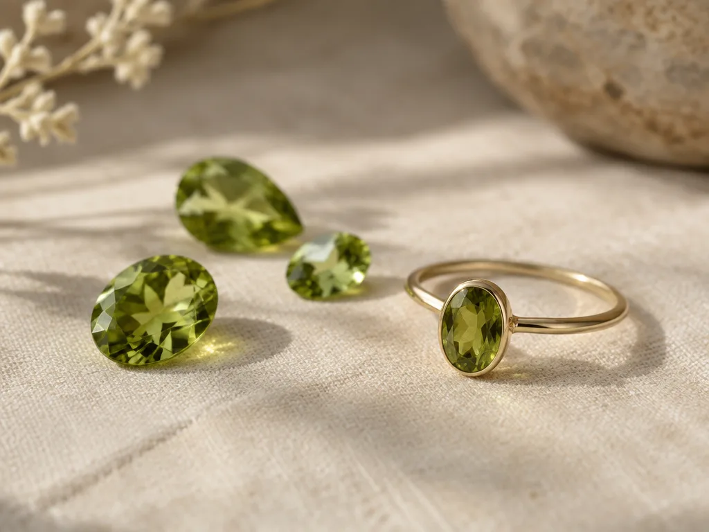 Facetterade gulgröna peridoter och en guldring med oval peridot på ljust linnetyg