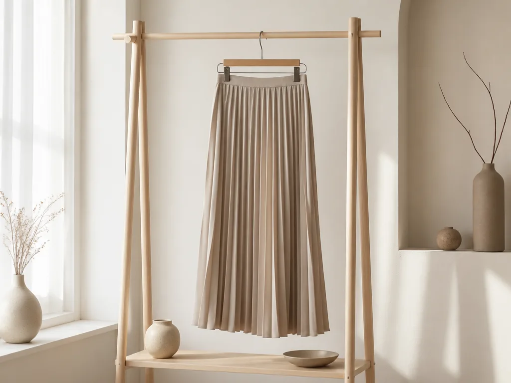 Elegant plisserad midikjol på en klädstång i en minimalistisk skandinavisk boutique med naturligt dagsljus