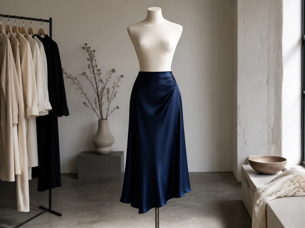Elegant satinkjol i djup midnattsblå hängandes på en galge mot ljus bakgrund i en minimalistisk boutique