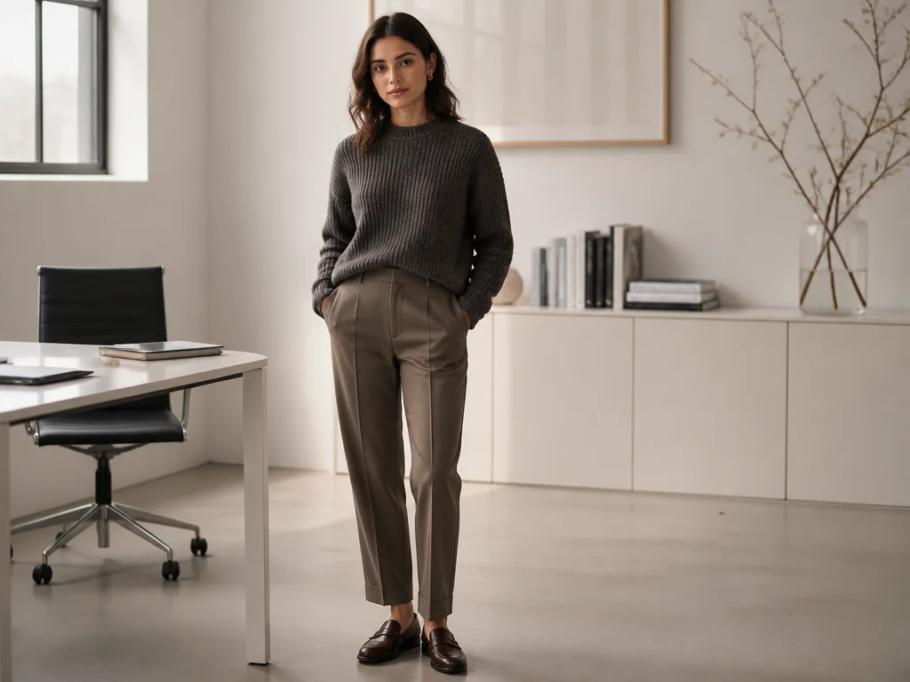 Kvinna i stickad tröja, kostymbyxor och loafers på kontor, smart casual editorial-stil