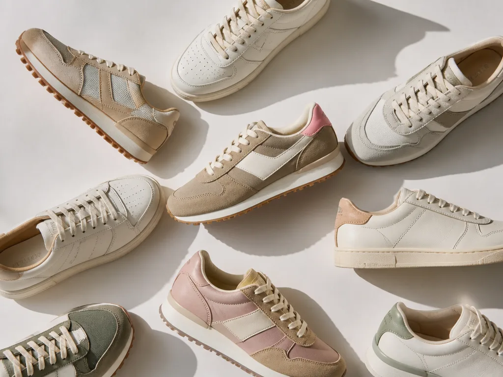 Flat lay av damsneakers i retrostil och vita lädersneakers på vit bakgrund