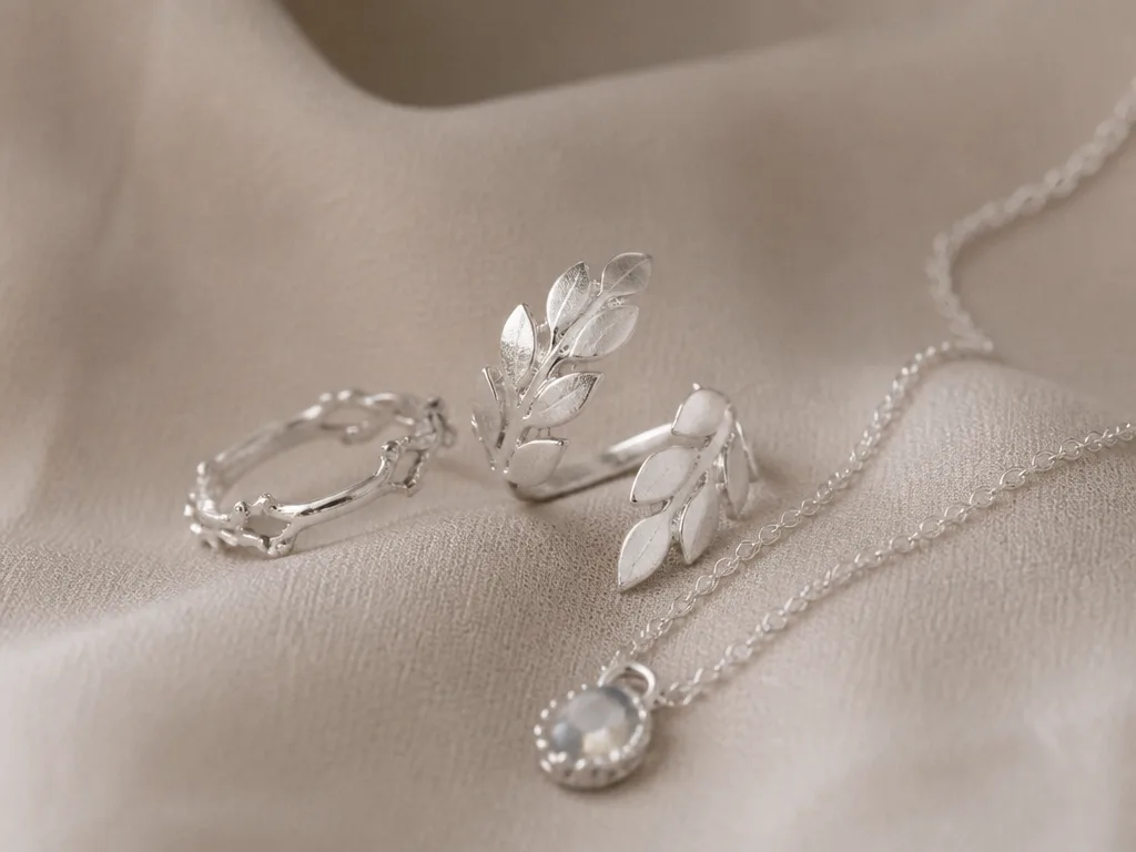Silverringar och ett tunt silverhalsband av sterling silver i mjukt naturligt ljus