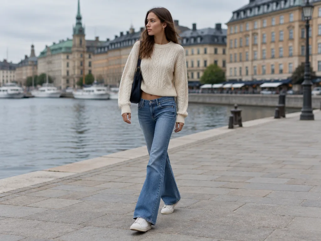 Kvinna i krämvit kabelstickad tröja, utsvängda jeans och vita sneakers på en kajpromenad, ett exempel på Stockholmsstilen