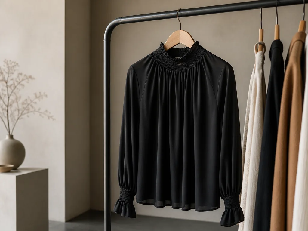 Elegant svart blus hängande på en minimalistisk träklädstång i en skandinavisk boutikmiljö med mjukt naturligt dagsljus