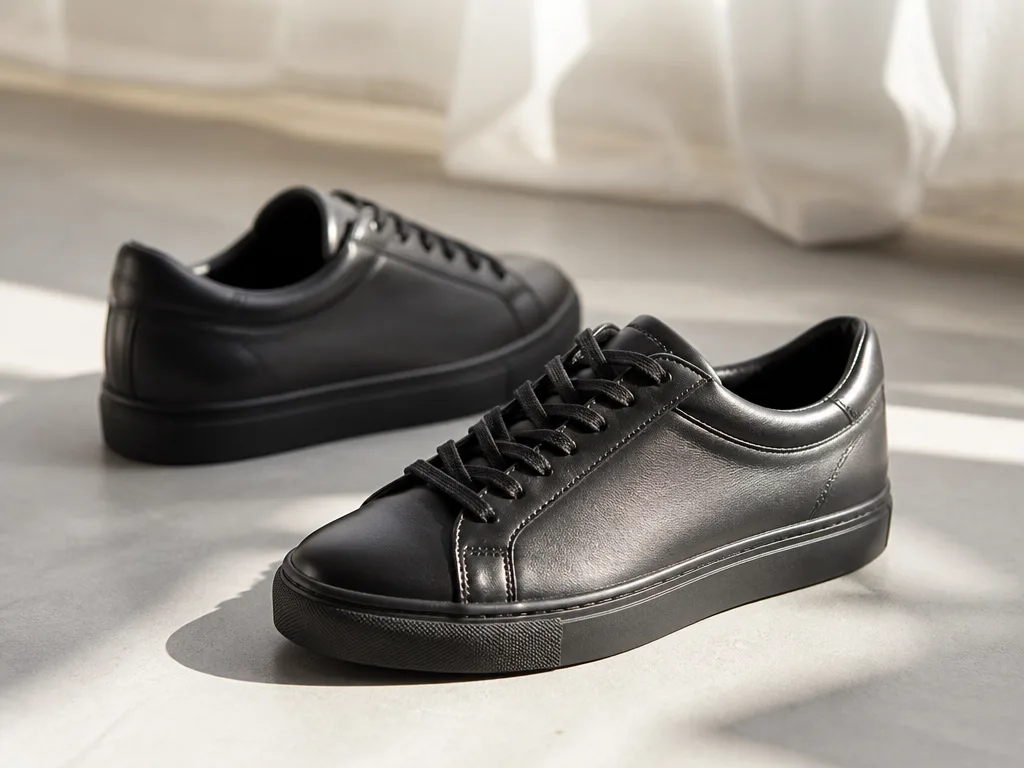 Svarta lädersneakers för dam arrangerade på ljusgrå yta i minimalistisk skandinavisk stil