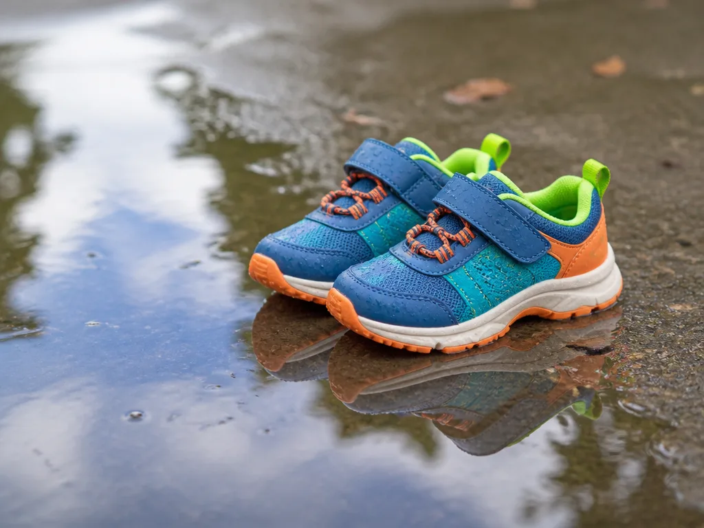 Färgglada vattentäta sneakers för barn vid en regnpöl på blöt asfalt