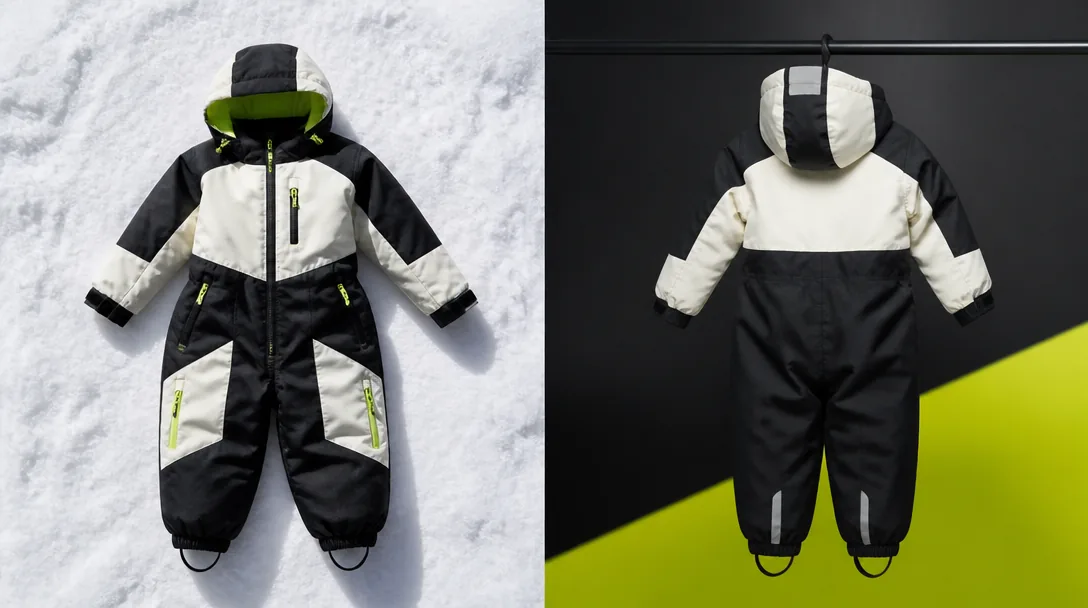 Vinteroverall för barn hängd mot minimalistisk bakgrund med acid-lime accent