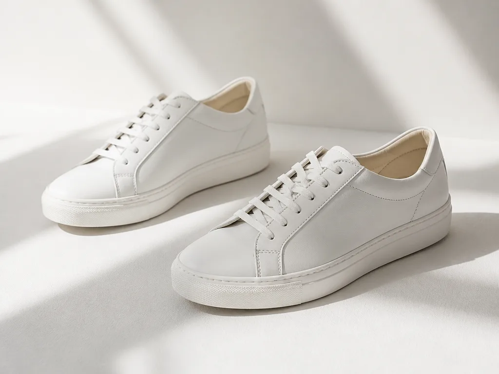 Vita lädersneakers för dam arrangerade på vit yta i minimalistisk skandinavisk stil