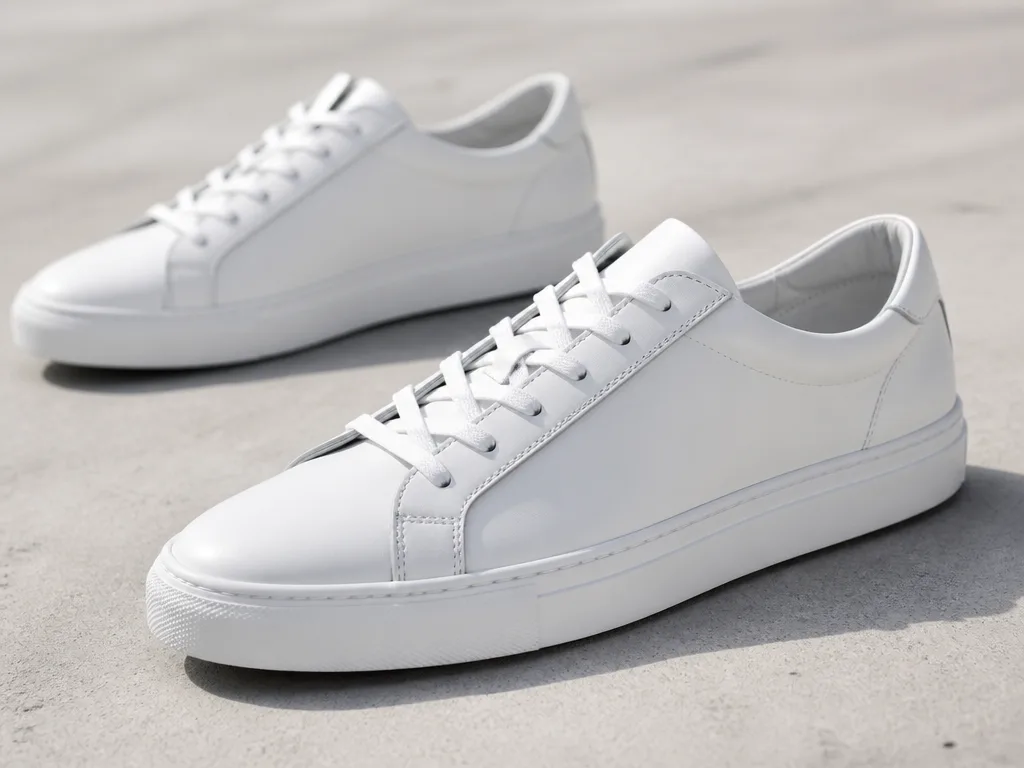 Vita lädersneakers för herr på minimalistisk betongyta i naturligt dagsljus